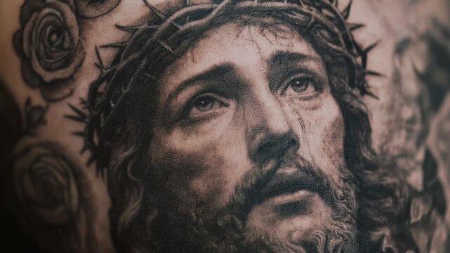 Detailed tattoo of Christ face with crown of thorns on skin expresses deep faith sacrifice and powerful religious devotion art