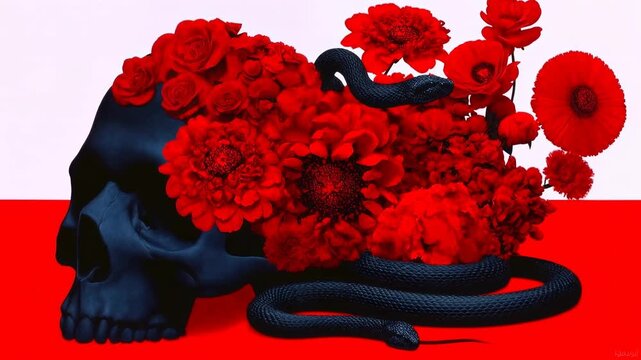 Dark skull with red flowers and coiled snake on bold striped background creates dramatic gothic illustration of beauty danger and passion