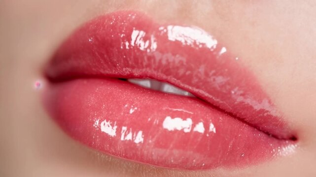 Closeup of glossy pink lips with soft light and smooth skin texture highlighting sensual beauty cosmetics and elegant feminine style