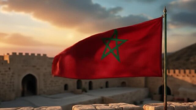Moroccan flag waving gracefully against a majestic fortress at sunset evoking national pride and