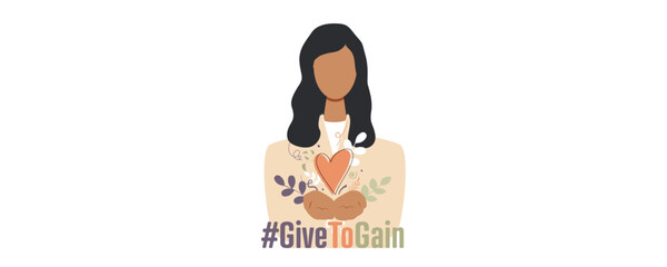 Woman standing with palms together, extended forward in a gesture of offering. International Women's Day 2026 concept. #GiveToGain