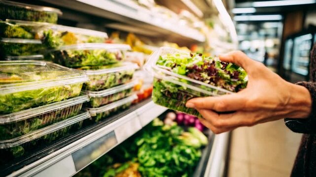 Hand takes ready salad box from refrigerated supermarket shelf filled with fresh greens illustrating convenient healthy food choice and modern grocery shopping