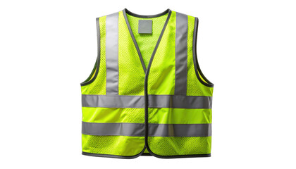 Bright neon safety vest with reflective stripes, mesh material, and dark background