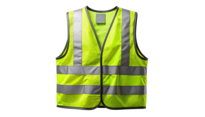 Bright neon safety vest with reflective stripes, mesh material, and dark background