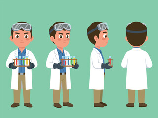Cartoon scientist boy holding test tubes in lab coat.