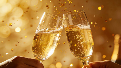 Two champagne glasses clinking with golden confetti and bubbles in a festive celebration setting