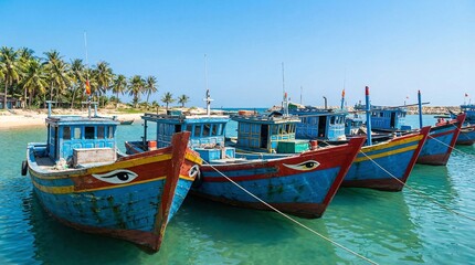 Colorful fishing boats anchored in tropical paradise waters