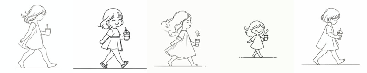 Fototapeta premium vector of a little girl walking leisurely enjoying coffee