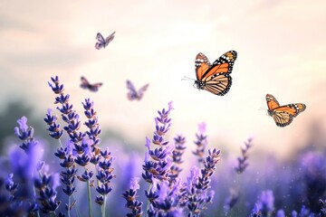 A vibrant field of purple flowers with butterflies fluttering around them, set against a backdrop of a serene lake and distant mountains under a clear blue sky.