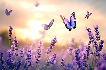 A serene landscape of lavender fields bathed in the warm hues of a setting sun, with butterflies fluttering gracefully in the air, adding a touch of whimsy to the tranquil scene.