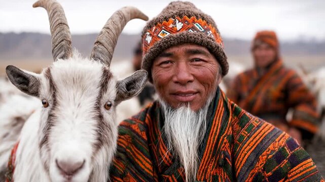 Nomadic man in traditional clothes stands with friendly goat in open landscape symbolizing connection to animals culture and rural lifestyle