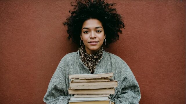 Student with curly hair holds stack of books against warm wall expressing education ambition and modern academic lifestyle
