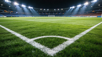 Empty soccer stadium at night with illuminated field and corner markings