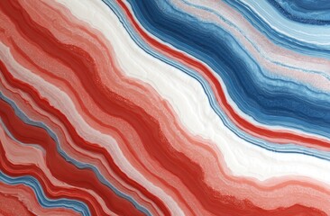 Abstract wavy design with red, white, and blue bands. Fluid gradients create a layered pattern