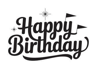 Happy birthday typography with festive starburst and flag elements
