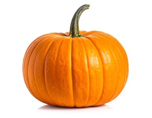 Vivid orange pumpkin with green stem isolated on white background
