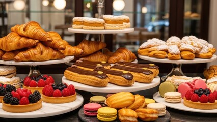 Fototapeta premium Assorted sweet pastries and desserts on display including croissants, eclairs, macarons, and fruit tarts in a bakery setting with warm lighting