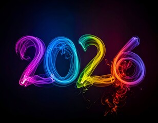The year 2026 spelled out in colorful, swirling smoke on black