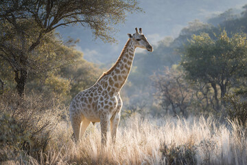 Obraz premium Giraffe standing quietly in nature surrounded by dry grass and trees with soft sunlight creating peaceful and calm atmosphere in natural wildlife setting
