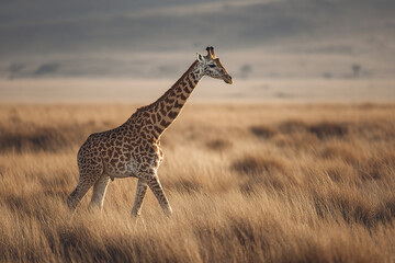 Obraz premium Giraffe walking in tall dry grass on open savannah with soft natural light and blurred background creating peaceful safari scene in warm tones
