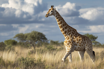Fototapeta premium Giraffe walking in open field with tall dry grass under cloudy sky in natural savanna landscape, showing elegant animal movement and peaceful wildlife scene