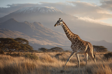 Giraffe walking in savanna ecosystem with tall dry grass and acacia trees under cloudy sky near mountain landscape during golden hour