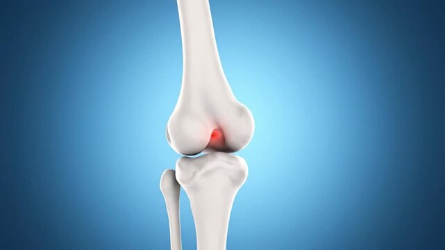 3D medical render of knee joint bending with pain glow