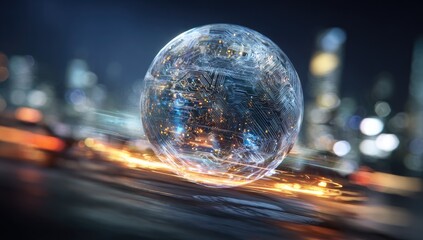 Glowing sphere with intricate internal structure floating against blurred cityscape background