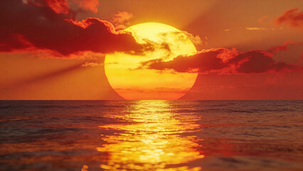 Sunset over the ocean with a large sun reflecting on water and red clouds in the sky