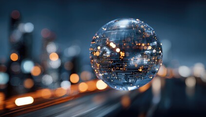 Futuristic sphere with circuitry and glowing lights floats over a blurred cityscape