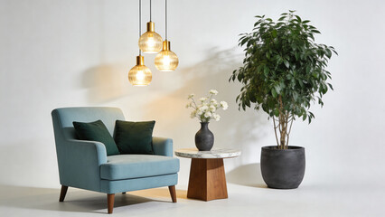 Modern living room corner with blue armchair, potted plant, marble table, and pendant lights