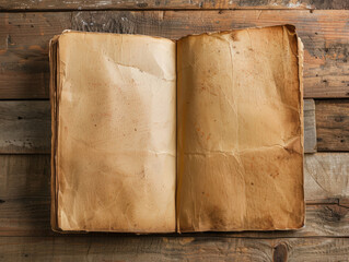 Vintage blank open notebook. Open book with blank pages. Mockup. Copy space.