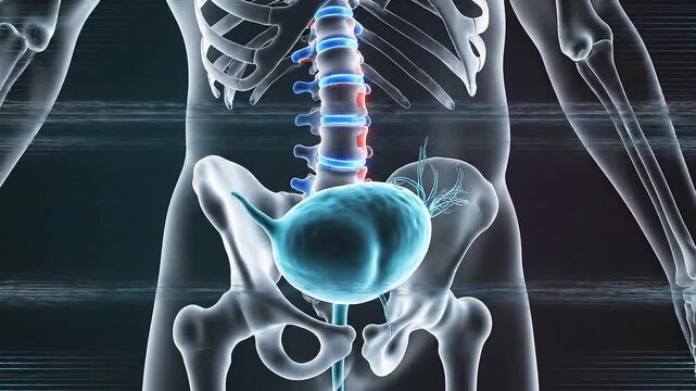 Human Bladder and Skeleton Anatomy Visualization with Infection with Disease Medical Animation in X-Ray Style and dark