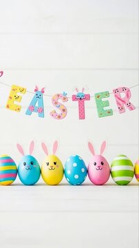 Colorful easter eggs with bunny ears and holiday garland
