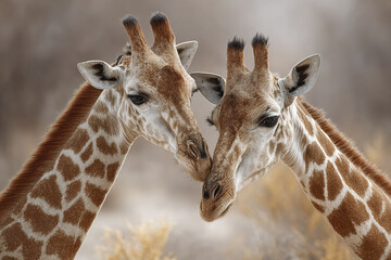 Obraz premium Giraffe heads gently nuzzling in close interaction with soft natural background showing wildlife affection and connection in serene outdoor environment