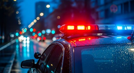 Flashing Police Lights on a Wet City Street