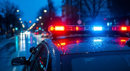 Flashing Police Lights on a Wet City Street