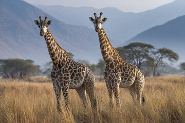 Obraz premium Two giraffes stand tall in golden grass of African savanna, with misty mountains and acacia trees creating serene and majestic wildlife scene