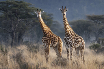 Obraz premium Two giraffes standing in tall dry grassland with blurred forest background under soft natural light, showing their patterned fur and long necks in calm wildlife scene