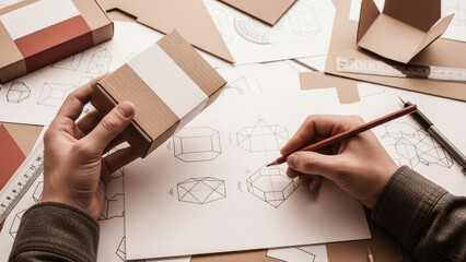 A person sketches product design concepts on paper with a pencil, surrounded by cardboard cutouts and notes. © Chainarong