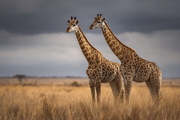 Fototapeta premium Two giraffes standing in open grassland under cloudy sky, showcasing their long necks and patterned fur in natural savanna environment with moody atmosphere