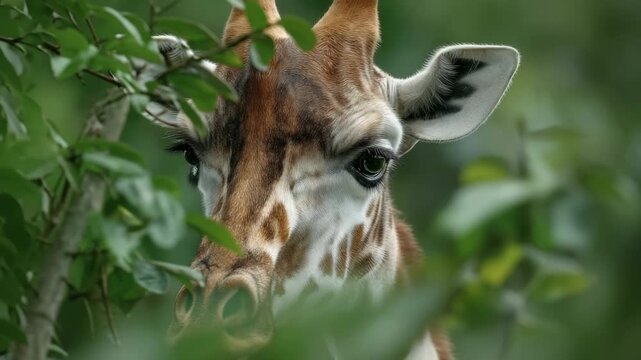 Close-up portrait capturing the gentle and inquisitive face of a giraffe amongst green leaves