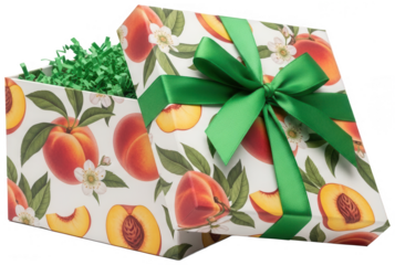 Peach pattern gift box with green ribbon open on transparent background