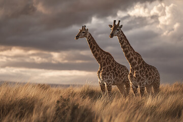 Obraz premium Two giraffes standing in open grassland under dramatic cloudy sky, showcasing their tall necks and patterned fur in natural wildlife setting