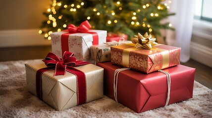 Obraz premium Christmas Presents Under Tree Decorated with Lights and Bows