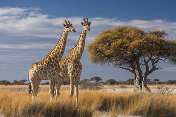 Obraz premium Two giraffes stand calmly in peaceful savanna with tall golden grass and large tree under blue sky with scattered clouds, creating serene natural wildlife scene