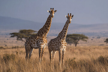 Obraz premium Two giraffes stand calmly in golden savanna grass with acacia trees and distant hills under clear sky, creating peaceful and natural wildlife scene