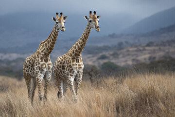 Two giraffes walking through tall dry grass in savanna landscape with distant hills under cloudy sky, showcasing peaceful and natural wildlife environment