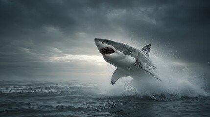 Fototapeta premium Dramatic view of a great white shark leaping from stormy ocean waves under a cloudy sky