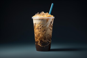 Refreshing iced coffee beverage with chocolate and milk swirls, served in a plastic cup with a blue straw and ice cubes